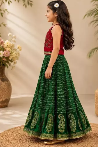 Red & green placement embroidered polyester top with lehenga ethnic wear