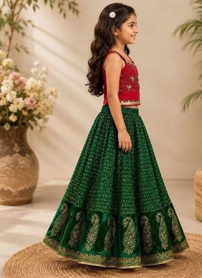 Red & green placement embroidered polyester top with lehenga ethnic wear 4