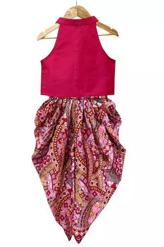Pink solid chanderi top with dhoti ethnic wear