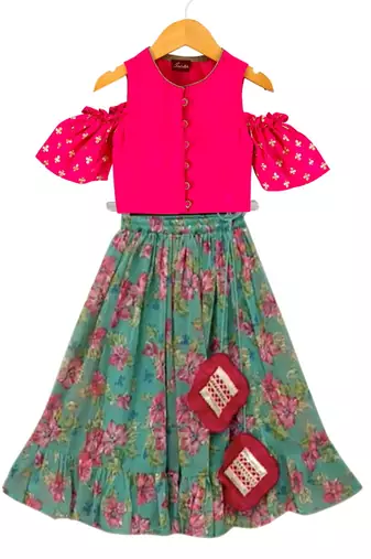 Pink & seagreen printed polyester top with lehenga ethnic wear