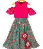 Pink & seagreen printed polyester top with lehenga ethnic wear