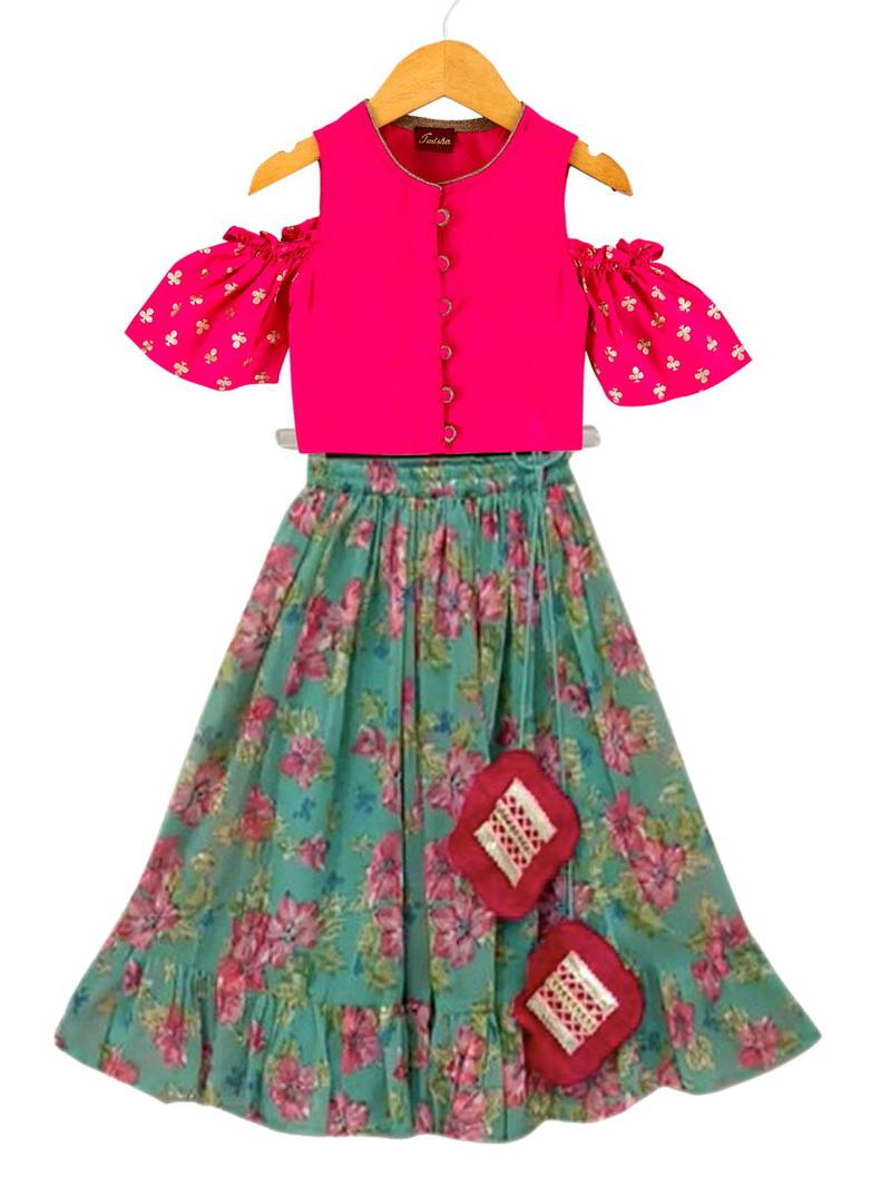 Pink & seagreen printed polyester top with lehenga ethnic wear