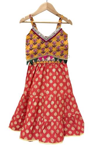 Mustard & red  printed cotton  top with sharara ethnic wear