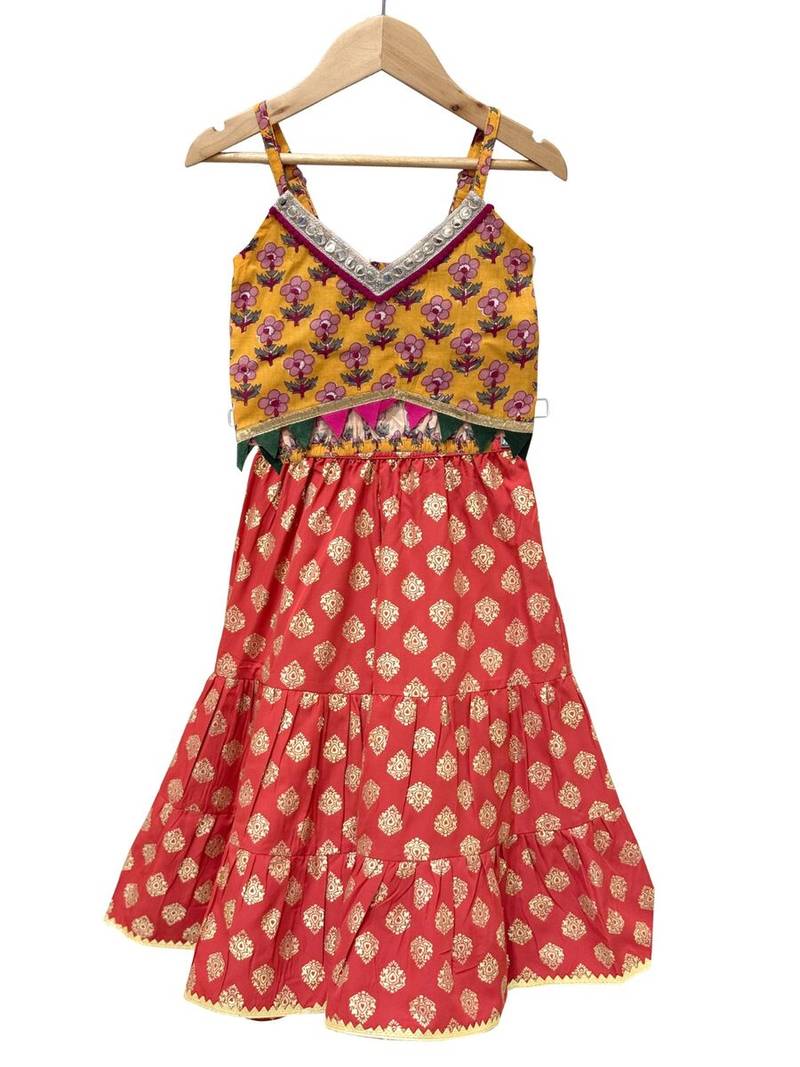 Mustard & red  printed cotton  top with sharara ethnic wear