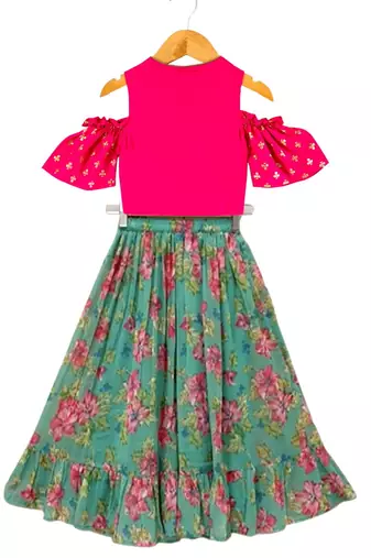 Pink & seagreen printed polyester top with lehenga ethnic wear