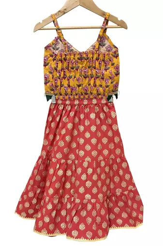Mustard & red  printed cotton  top with sharara ethnic wear