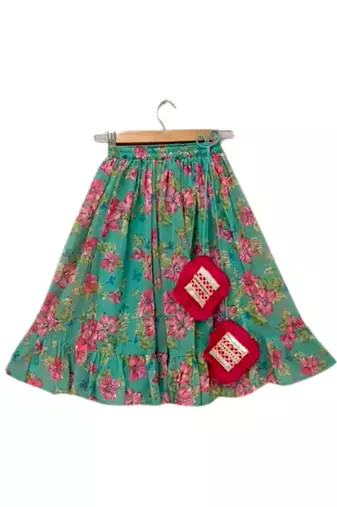 Pink & seagreen printed polyester top with lehenga ethnic wear