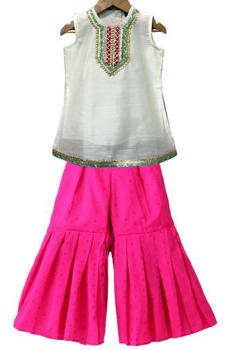 White & pink embellished  polyester top with sharara ethnic wear