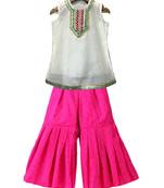 White & pink embellished  polyester top with sharara ethnic wear