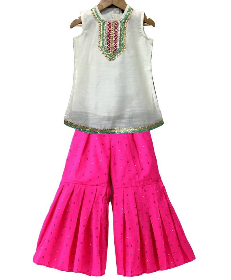 White & pink embellished  polyester top with sharara ethnic wear