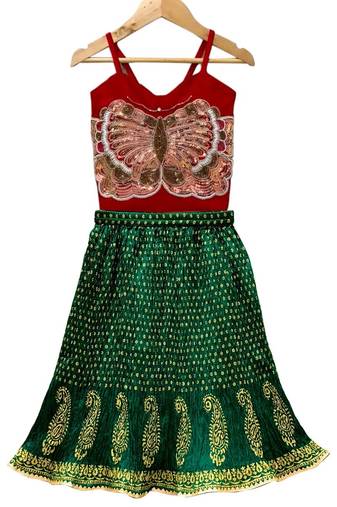 Red & green placement embroidered  polyester top with lehenga ethnic wear