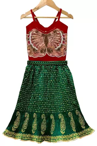 Red & green placement embroidered  polyester top with lehenga ethnic wear