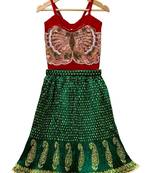 Red & green placement embroidered  polyester top with lehenga ethnic wear