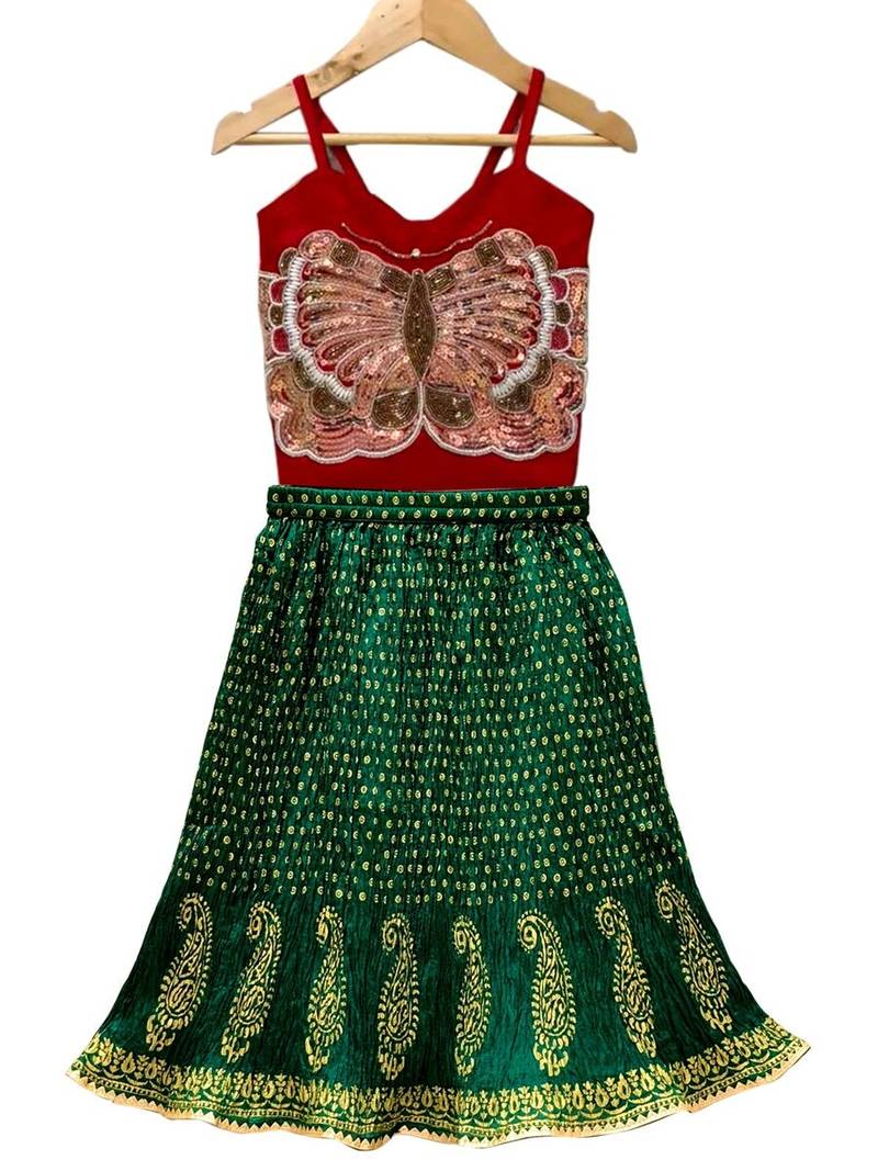 Red & green placement embroidered  polyester top with lehenga ethnic wear