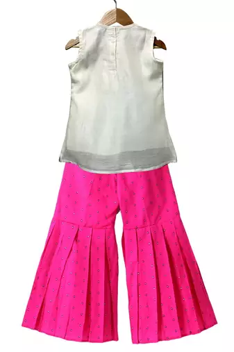 White & pink embellished  polyester top with sharara ethnic wear