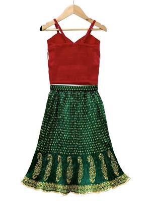 Red & green placement embroidered  polyester top with lehenga ethnic wear 2