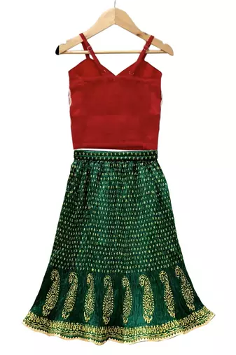 Red & green placement embroidered  polyester top with lehenga ethnic wear