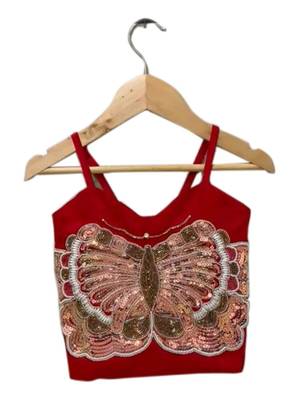 Red & green placement embroidered  polyester top with lehenga ethnic wear 3