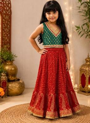 Rama green & red embellished brocade top with lehenga ethnic wear 1