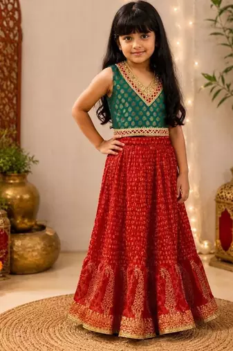 Rama green & red embellished brocade top with lehenga ethnic wear