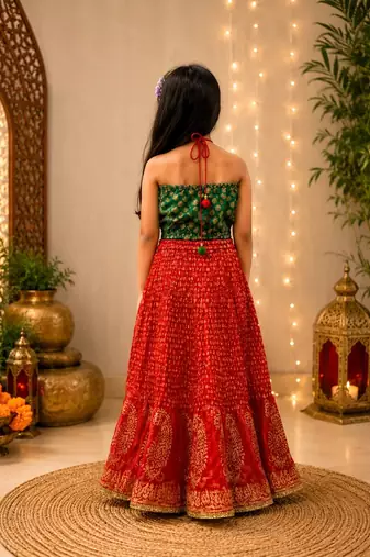 Rama green & red embellished brocade top with lehenga ethnic wear