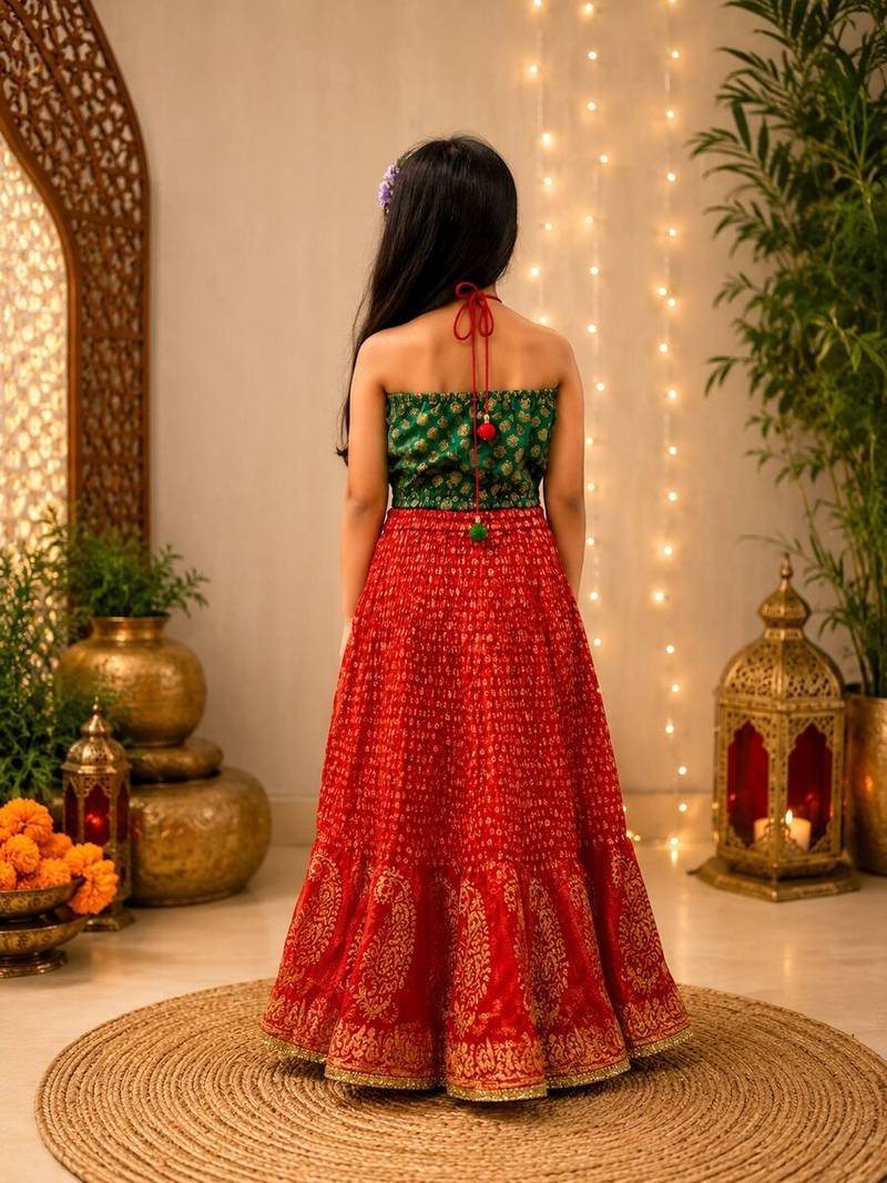 Rama green & red embellished brocade top with lehenga ethnic wear