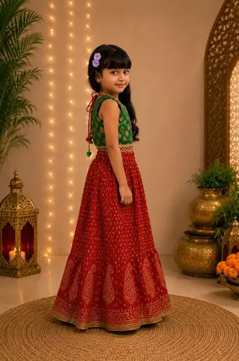 Rama green & red embellished brocade top with lehenga ethnic wear
