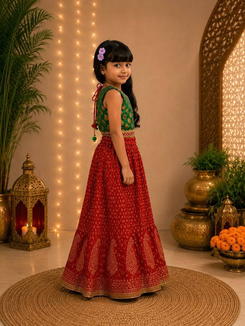 Rama green & red embellished brocade top with lehenga ethnic wear