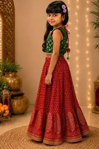 Rama green & red embellished brocade top with lehenga ethnic wear