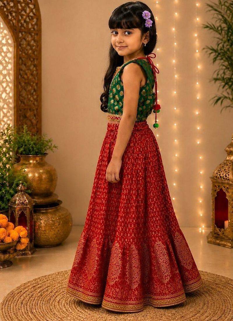 Rama green & red embellished brocade top with lehenga ethnic wear