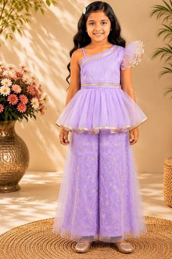 Purple embriodered polyester top with palazzo ethnic wear
