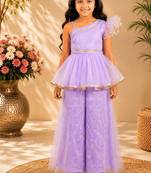 Purple embriodered polyester top with palazzo ethnic wear