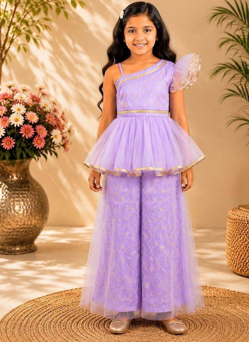 Purple embriodered polyester top with palazzo ethnic wear