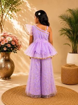 Purple embriodered polyester top with palazzo ethnic wear 2