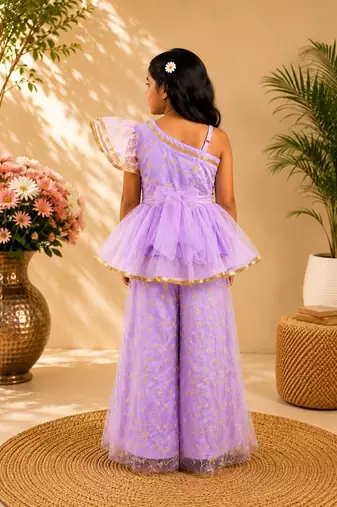 Purple embriodered polyester top with palazzo ethnic wear