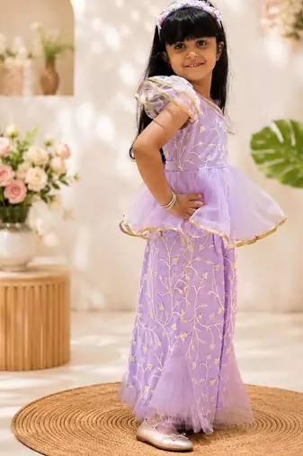 Purple embriodered polyester top with palazzo ethnic wear