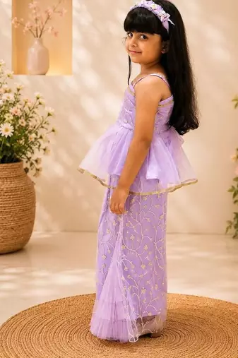 Purple embriodered polyester top with palazzo ethnic wear