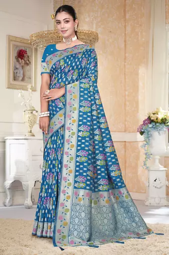  Rama Blue silk blend Saree with Zari Woven Floral Thread Work & Running Blouse Piece