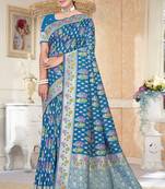  Rama Blue silk blend Saree with Zari Woven Floral Thread Work & Running Blouse Piece