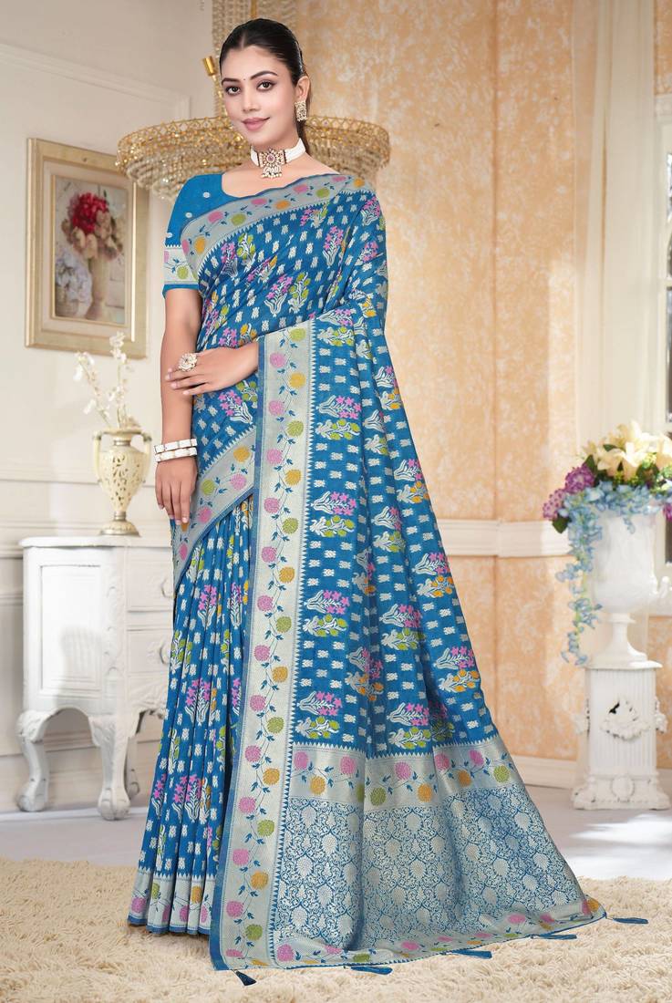  Rama Blue silk blend Saree with Zari Woven Floral Thread Work & Running Blouse Piece