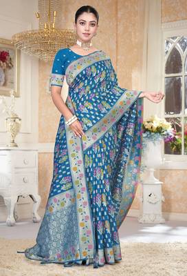  Rama Blue silk blend Saree with Zari Woven Floral Thread Work & Running Blouse Piece 2