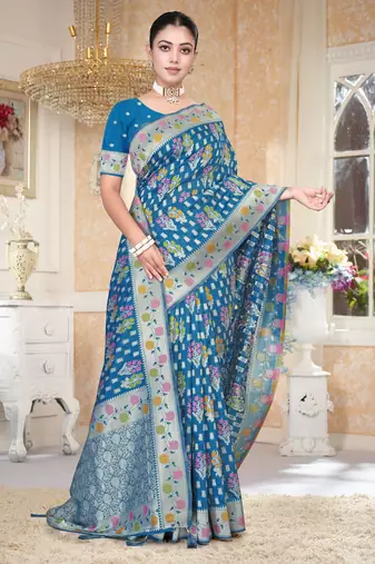  Rama Blue silk blend Saree with Zari Woven Floral Thread Work & Running Blouse Piece