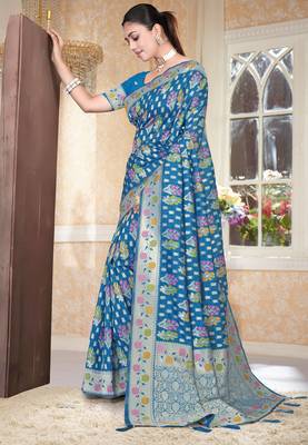  Rama Blue silk blend Saree with Zari Woven Floral Thread Work & Running Blouse Piece 3