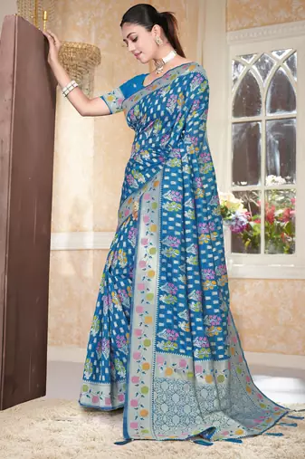  Rama Blue silk blend Saree with Zari Woven Floral Thread Work & Running Blouse Piece