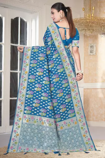  Rama Blue silk blend Saree with Zari Woven Floral Thread Work & Running Blouse Piece