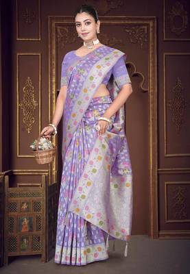  Lavender silk blend Saree with Zari Woven Floral Thread Work & Running Blouse Piece 1