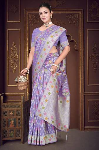  Lavender silk blend Saree with Zari Woven Floral Thread Work & Running Blouse Piece