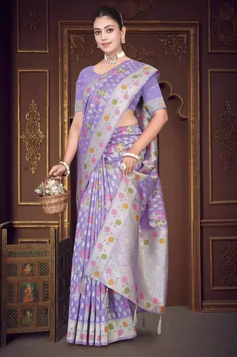  Lavender silk blend Saree with Zari Woven Floral Thread Work & Running Blouse Piece