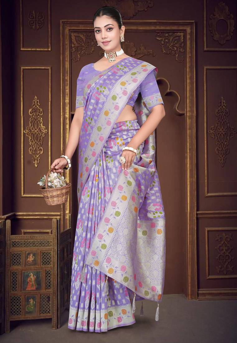  Lavender silk blend Saree with Zari Woven Floral Thread Work & Running Blouse Piece