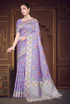  Lavender silk blend Saree with Zari Woven Floral Thread Work & Running Blouse Piece 2